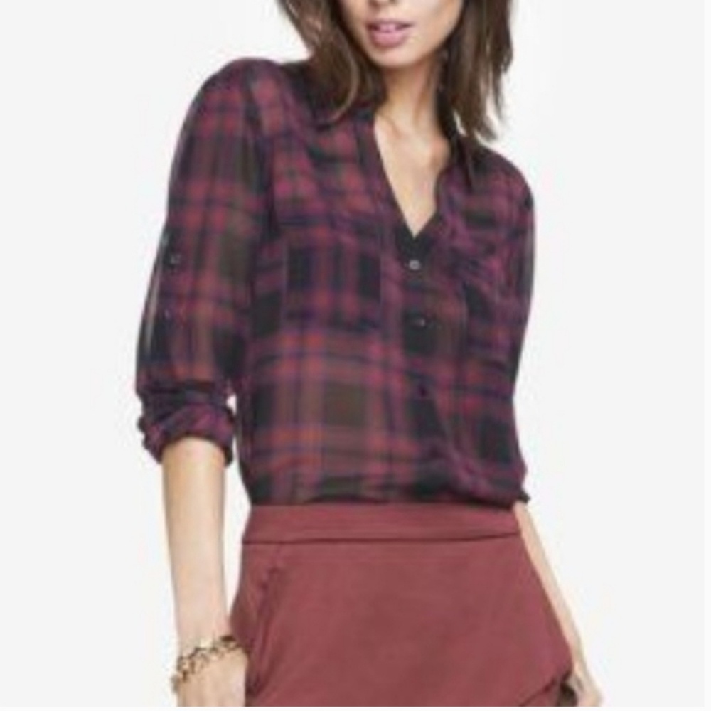 Plum Plaid Express Portofino Button Up Blouse